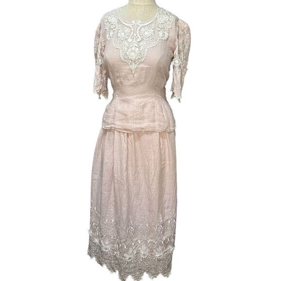 Vintage Womens 80s 2 PC Pink 100% Linen Dress Set Top & Skirt Lace Appliqués 4 - Picture 1 of 16